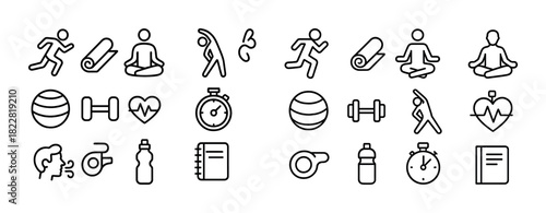 Fitness icons: exercise, yoga, running, stopwatch, heart rate