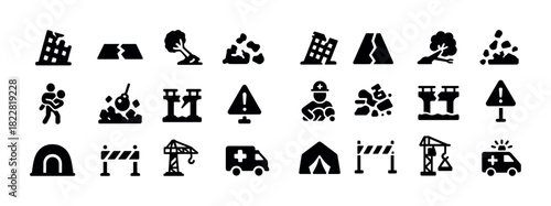Natural disaster icons set: earthquake, landslide, emergency response