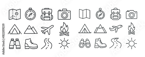 Adventure icons: camping, hiking, and travel line art collection