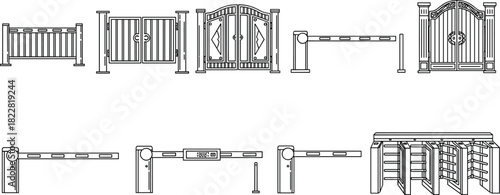 Gate design, barrier blueprint, security gate, turnstile system, boom barrier, architectural sketch, urban planning, infrastructure, access control, entry solution