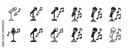 Microphone and music note icons in various styles and arrangements