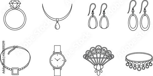 Jewelry illustration, accessory icons, fashion sketch, elegant design, blue outline, earrings, necklace, bracelet, ring, watch, brooch, bangle, charm, pendant, teardrop, stylish, feminine