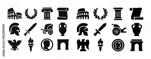 Ancient roman icon set featuring colosseum, laurel, helmet, and more