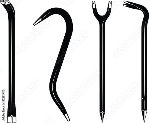 Pry bar tools, crowbars, demolition equipment, construction hand tools, nail pullers, carpentry gear, metal levers, industrial hardware, isolated set
