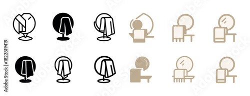 Minimalist icon set of vanity mirrors and chairs with towels