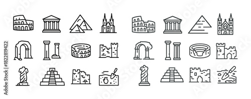 Icon set of historical architecture landmarks and ancient ruins