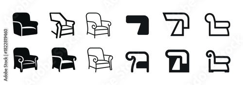 Set of minimalist armchair icons in black and white design