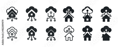 Set of smart home cloud connection icons for technology and automation
