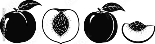 vector peach illustration, black fruit design, peach slice graphic, bold peach artwork, stylized fruit icon, pit detail drawing