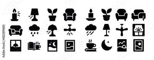 Cozy home elements vector icons: furniture, lamps, plants, and weather symbols