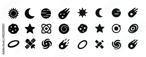 Set of celestial icons: moon, sun, planets, comets, stars, orbits for space-themed designs