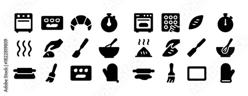 Black cooking icons set featuring kitchen tools and baking items