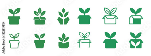 Green plant icons in various containers and styles