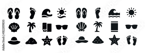Beach icons set: flip-flops, waves, sun, shell, palm tree, towel, sunglasses, starfish, sandals