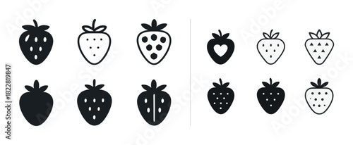 Set of black and white strawberry icons with various patterns and designs