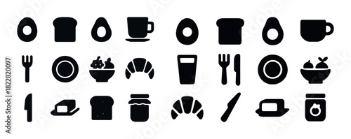 Black breakfast icons: eggs, toast, coffee, cutlery, fruits, jam