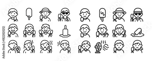 Outline illustrations of children enjoying popsicles and beating the heat