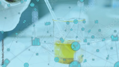 Gloved hand rising over beaker lowering pipette, dropping yellow drop for analysis, overlay fading