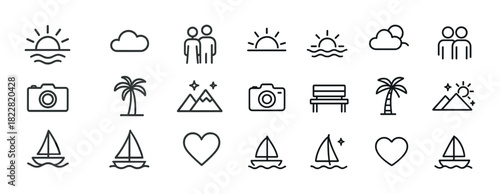 Minimalist icon set: nature, travel, leisure symbols with sun, cloud, camera, tree, boat