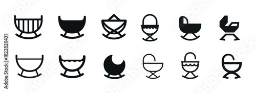 Set of 12 minimalist cradle icons in black and white design