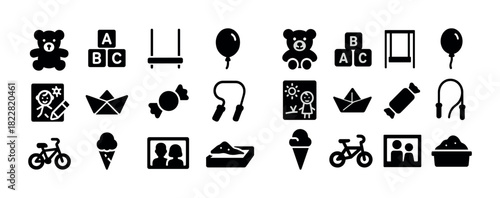 Collection of children's toys and activities icons in black and white