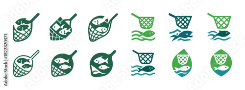 Set of green fish and net icons in various nautical designs