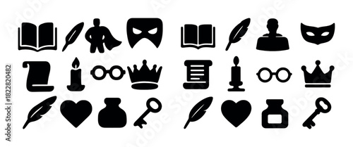 Silhouette icon set: books, quills, masks, candles, crowns, hearts, keys