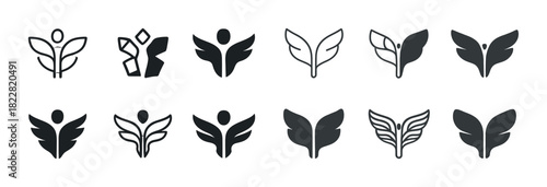 Collection of decorative leaf and wing icons in black and white