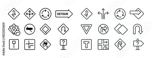 Comprehensive collection of road and traffic signs icons in black and white