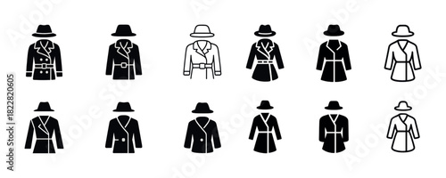 Icon set of fashionable trench coats and hats in black and white silhouettes