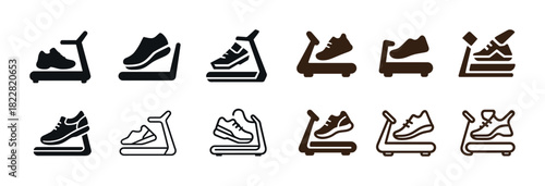 Set of shoe and treadmill icons in various styles for fitness and exercise