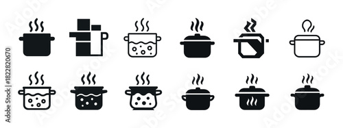 Collection of cooking pot icons with steam in various styles