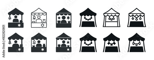 Market booth icons set: stalls, tents, and vendors