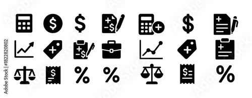 Finance and business icons set featuring calculators and currency symbols