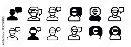 Virtual reality avatars icon set in black and white with speech bubbles