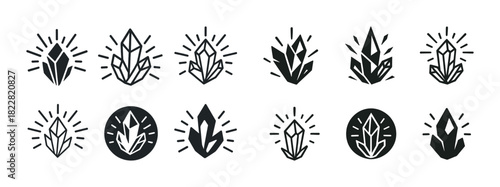 Minimalist black and white crystal icons set with geometric designs