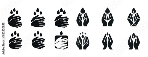 Collection of black hand-washing icons and water droplets