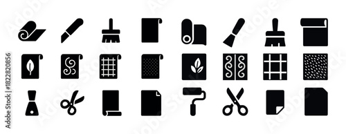 Black and white home renovation icons: tools, patterns, scissors, roller