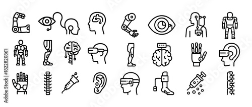 Futuristic human enhancement icons with robotics, vr, and medical technology