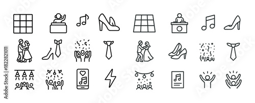 Line icons of party and celebration: music, dance, shoes, events
