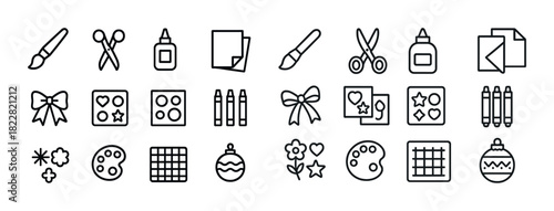 Line art icons of craft supplies and decorations for creative projects