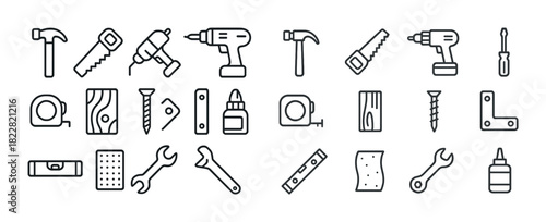 Outline icons of tools and equipment including hammer, drill, and screwdriver