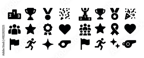 Black icon set: awards, trophies, medals, stars, hearts, symbols of achievement and celebration