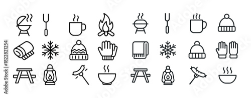 Winter camping icons: fire, bbq, hot drinks, snowflakes, picnic, lantern