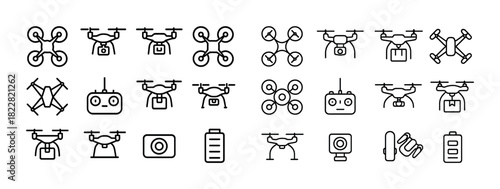 Drone and accessory icons set: remote controls, cameras, batteries