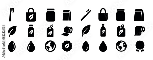 Eco-friendly icon set: recycle, organic, leaf, water, earth symbols