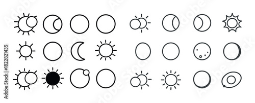 Sun and moon icons: celestial phases and cosmic designs