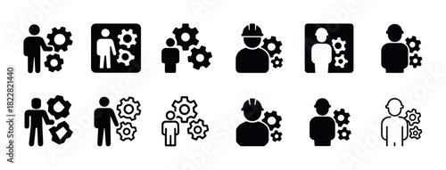 Silhouette icon set of engineers and workers with gears