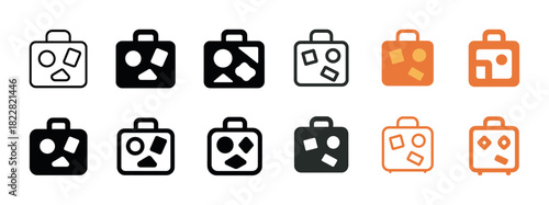 Set of twelve abstract luggage icons in black, orange, and white with geometric shapes