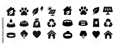 Collection of eco-friendly pet icons including leaves, solar panel, paw prints, and recycling symbols